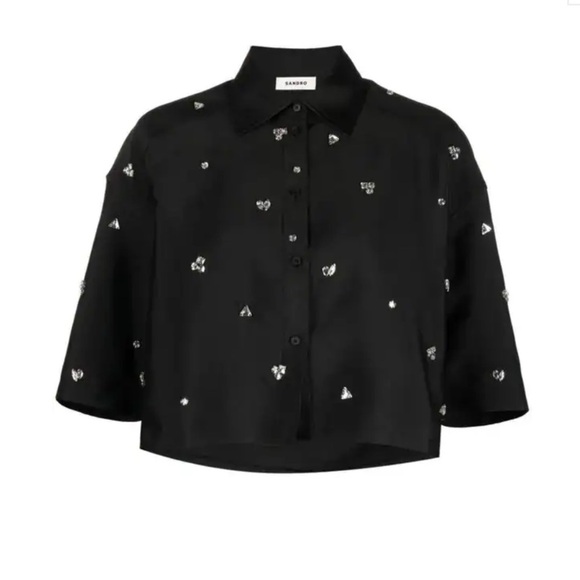 Sandro Black Blouse with Silver Accents Size 2 US - Picture 4 of 16